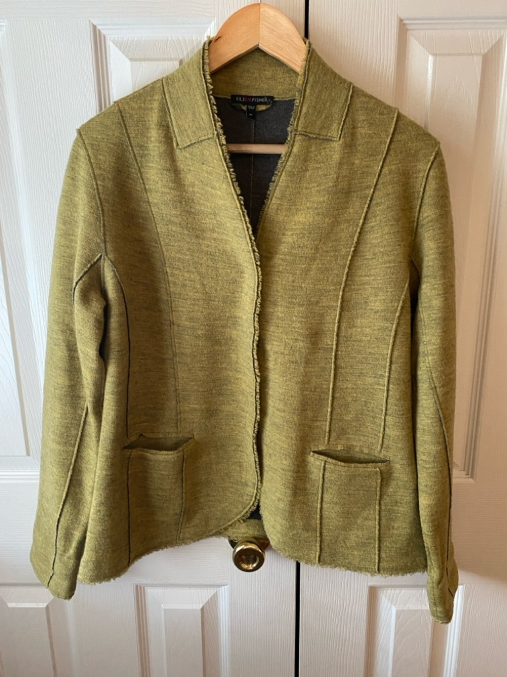 EILEEN FISHER Moss Green Heather Merino Wool Tailored Knit Sweater Blazer M - Picture 1 of 9
